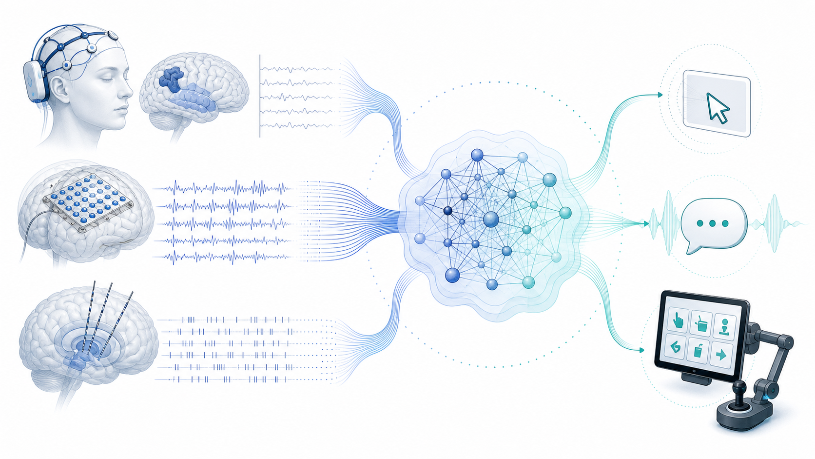 Conceptual illustration of neural decoding and brain-computer interfaces
